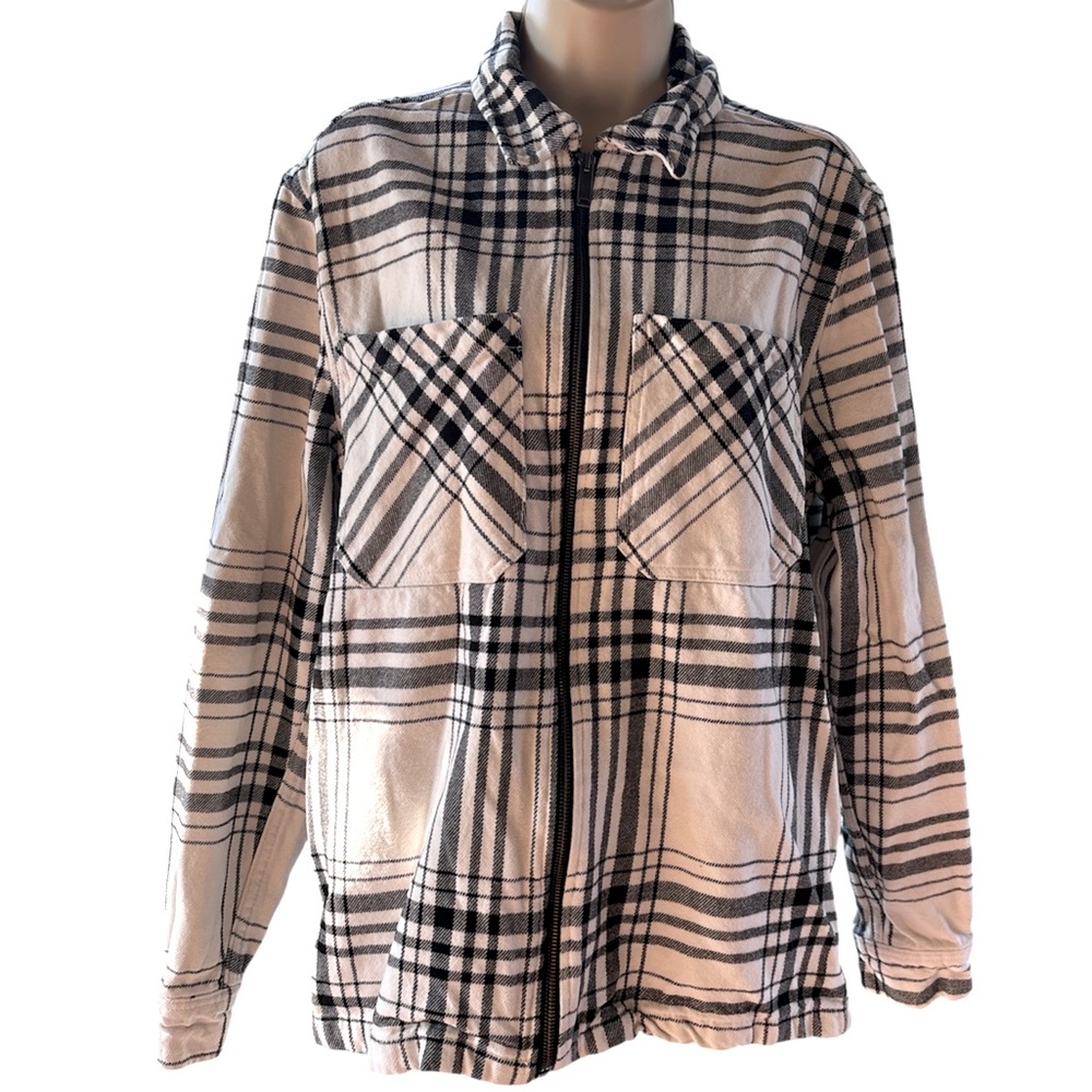 Zara Shacket Mens White/Black Monochrome Checkered Plaid Flannel Jacket Size M